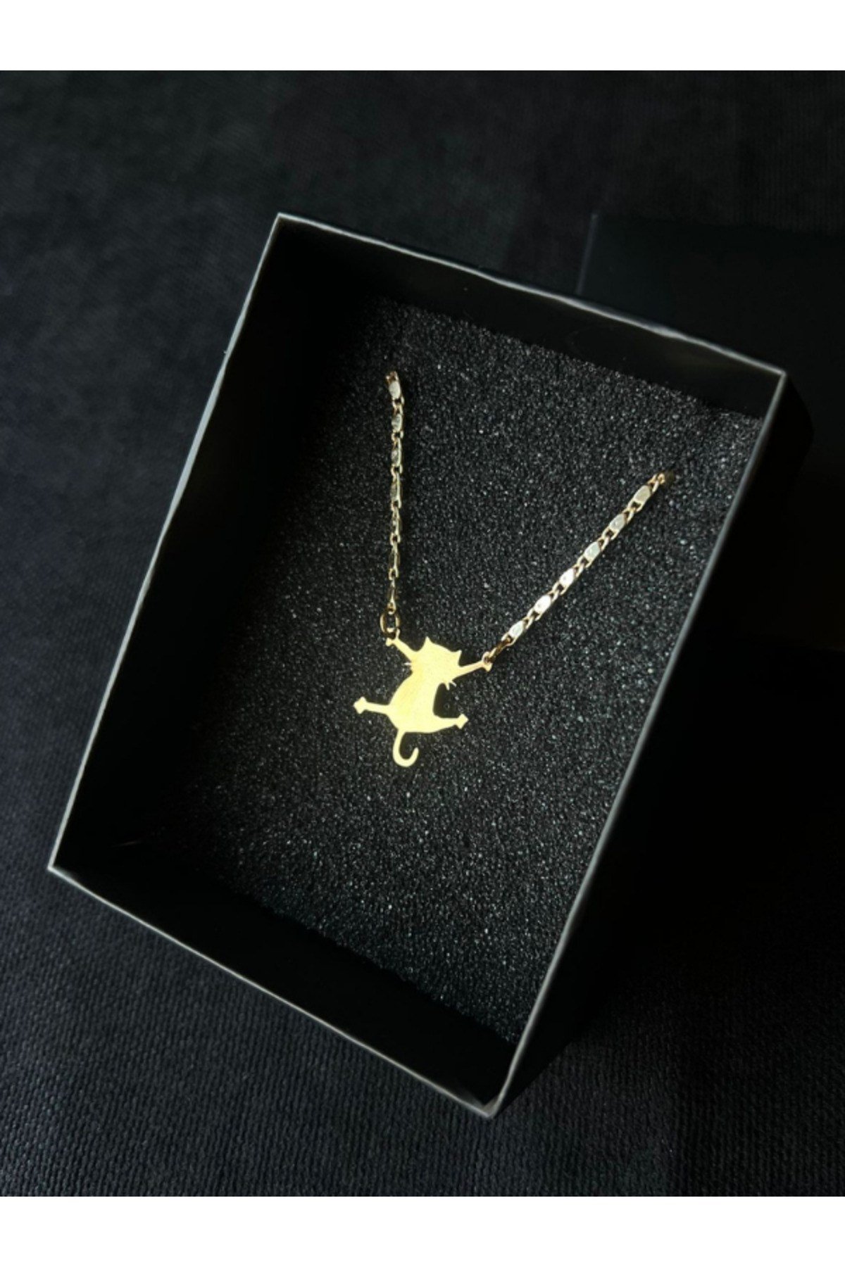 Kedi Figür Çelik Figür Zirkon Kaplama Zincir Kolye Kedi Gold Kolye
