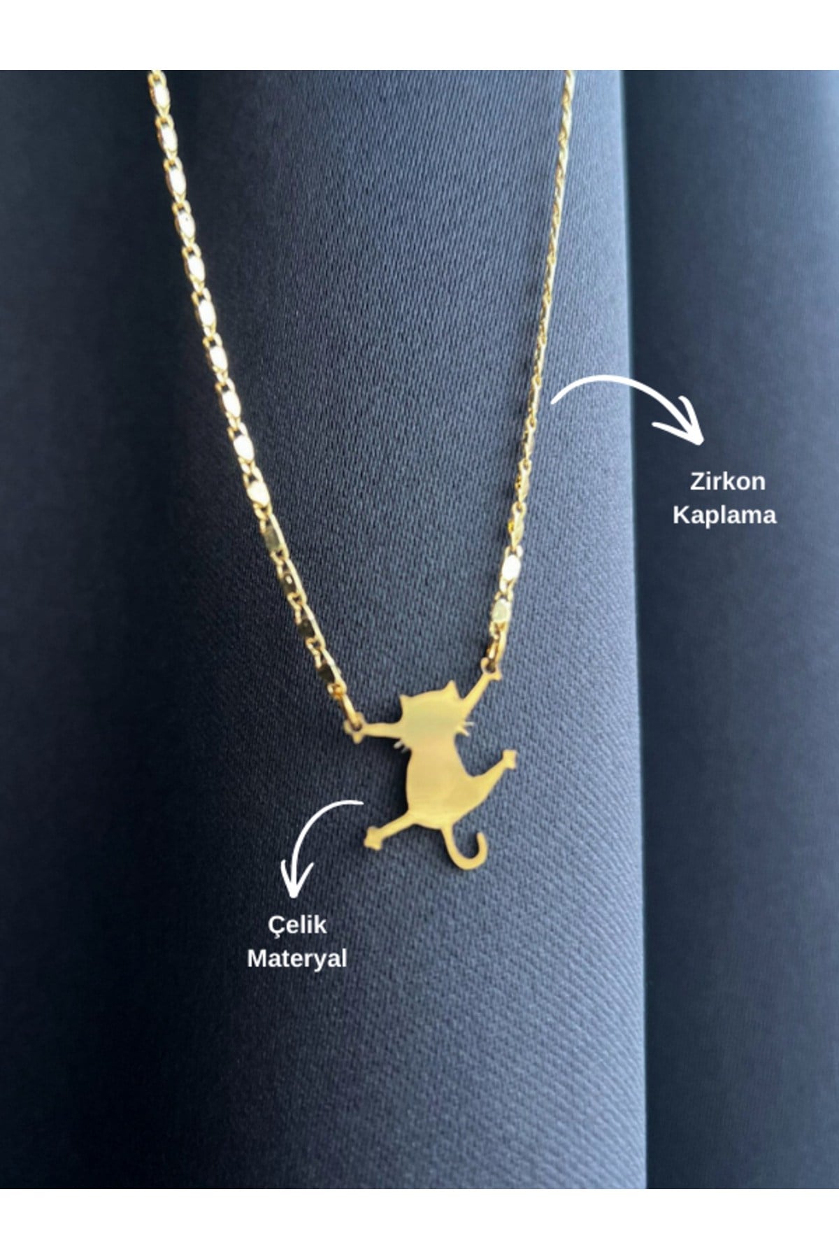 Kedi Figür Çelik Figür Zirkon Kaplama Zincir Kolye Kedi Gold Kolye