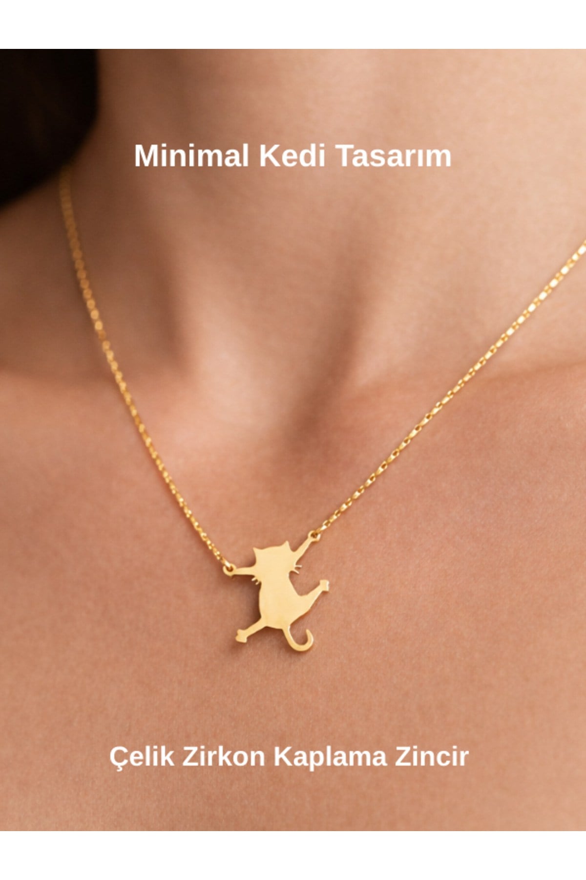 Kedi Figür Çelik Figür Zirkon Kaplama Zincir Kolye Kedi Gold Kolye