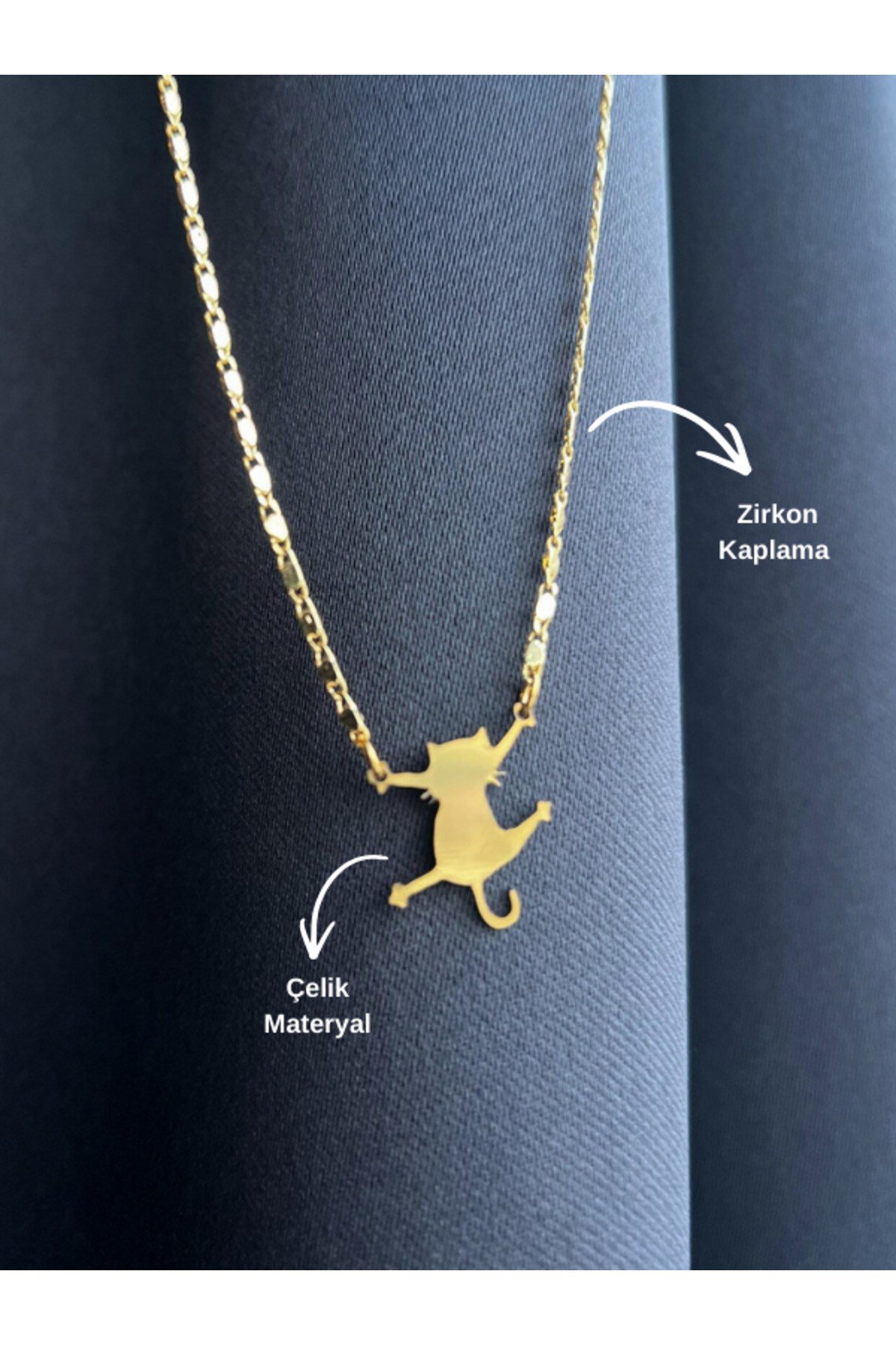 Kedi Figür Çelik Figür Zirkon Kaplama Zincir Kolye Kedi Gold Kolye