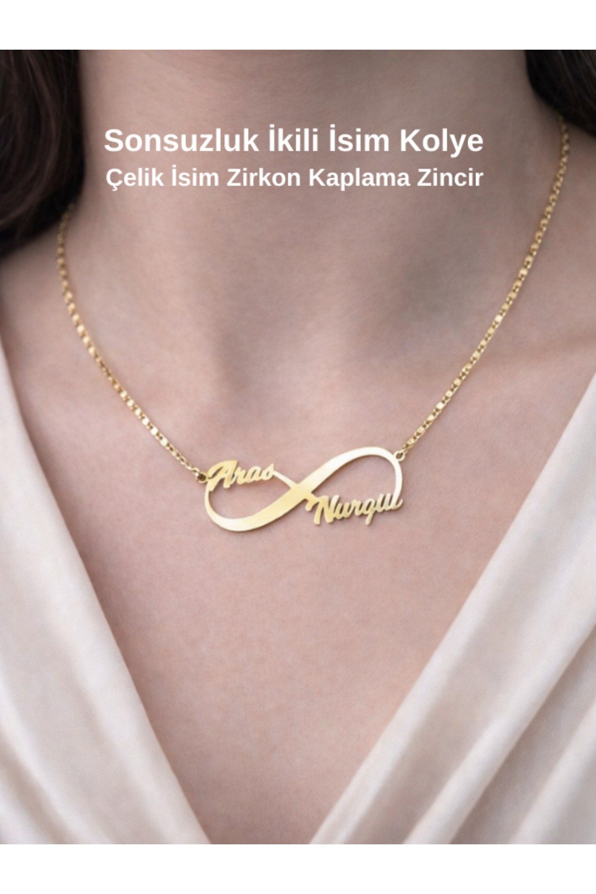 Kişiye Özel Sonsuzluk İşaretli İki İsim Kolye Özel Tasarım Yüksek Kalite Çelik Gold Renk