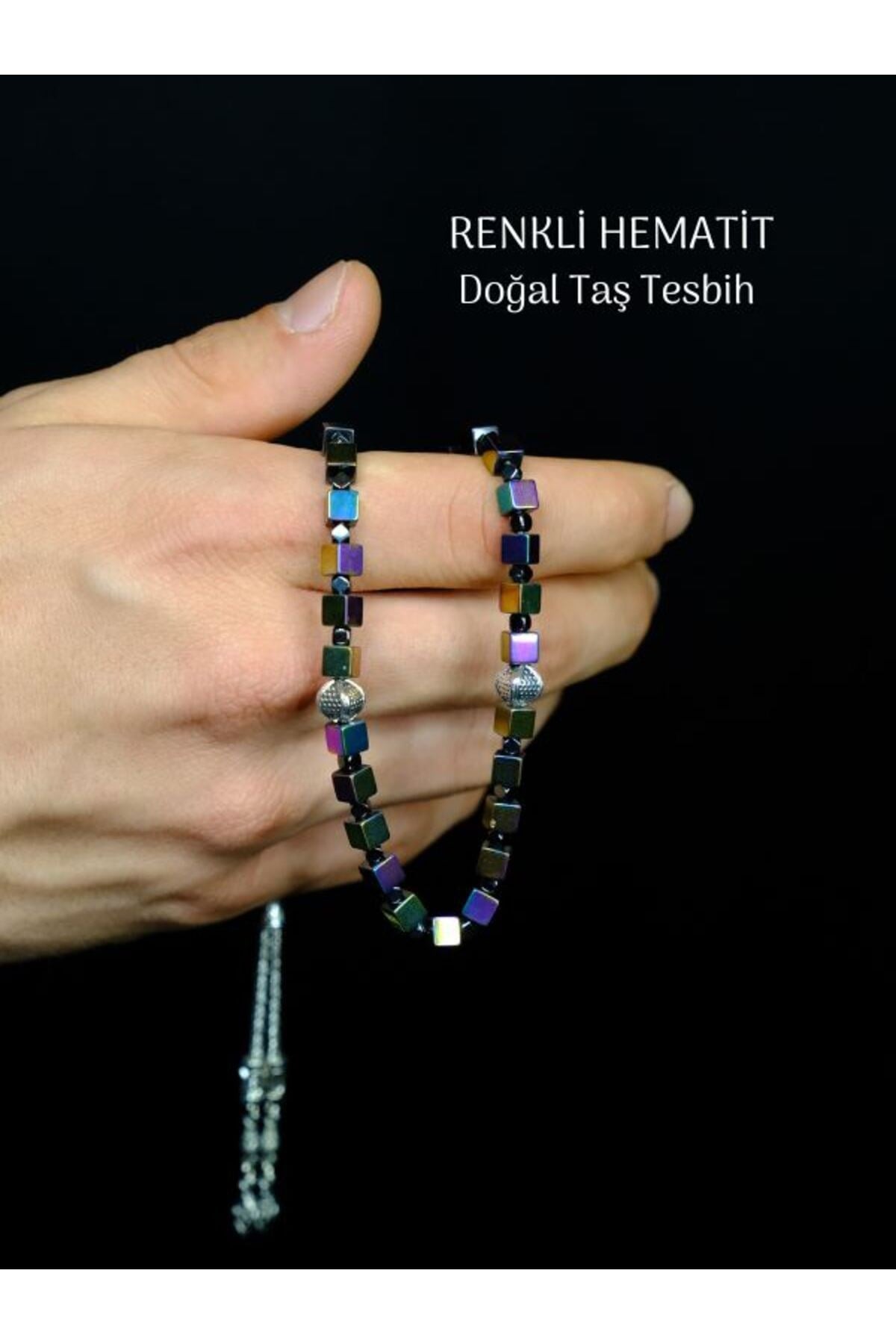 Komple Hematit Küp Kesim 8mm Doğal Taş Şifa Tesbih 8mm Renkli Metal Desen