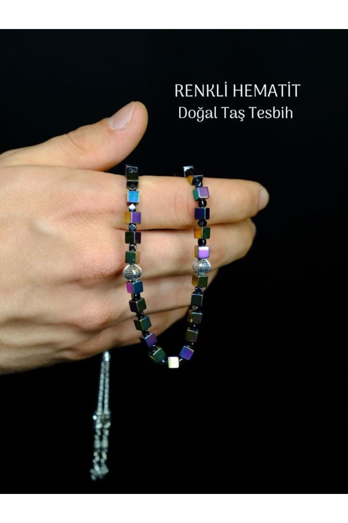 Komple Hematit Küp Kesim 8mm Doğal Taş Şifa Tesbih 8mm Renkli Metal Desen
