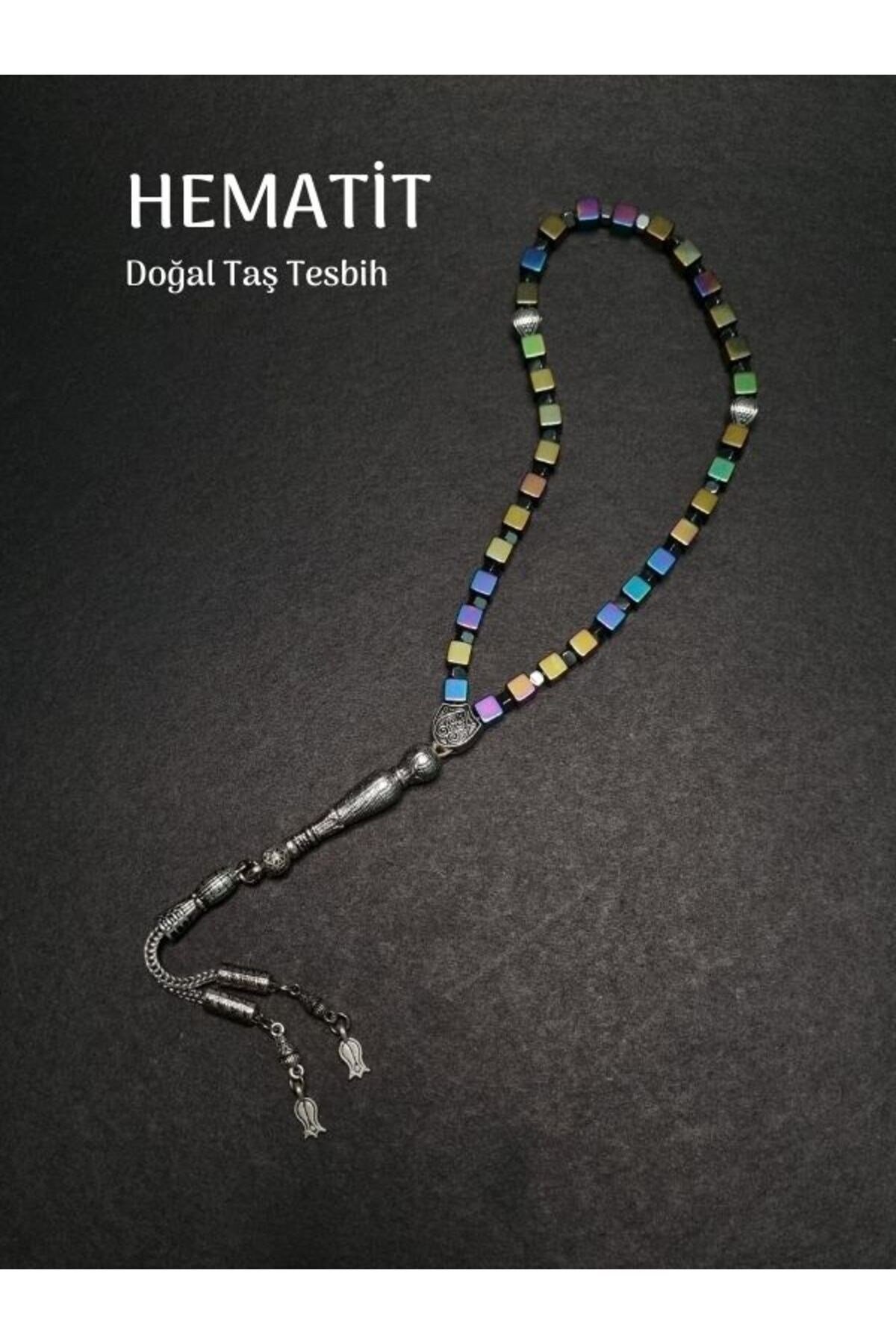 Komple Hematit Küp Kesim 8mm Doğal Taş Şifa Tesbih 8mm Renkli Metal Desen