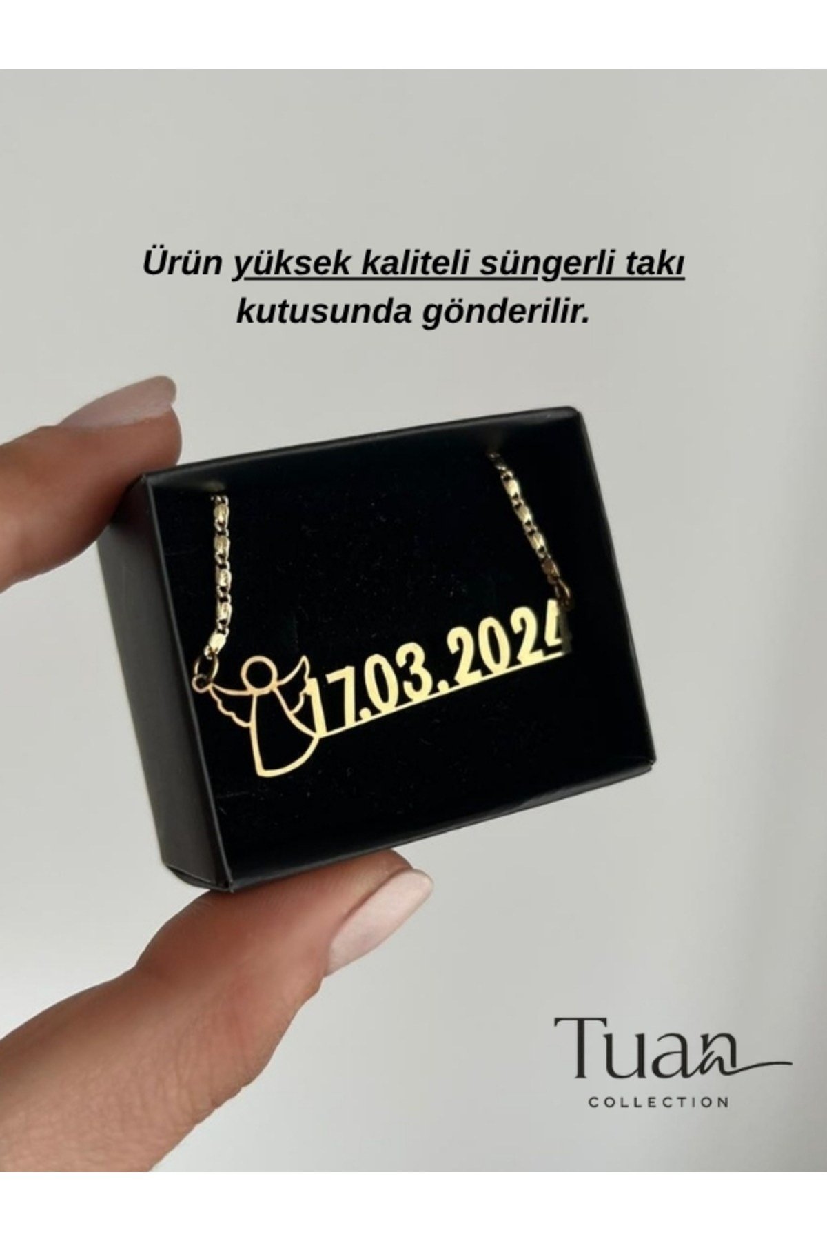 Melek Silüet Tarih Yazılı Gold Kolye Hediye Çelik Zirkon Melek Kolye