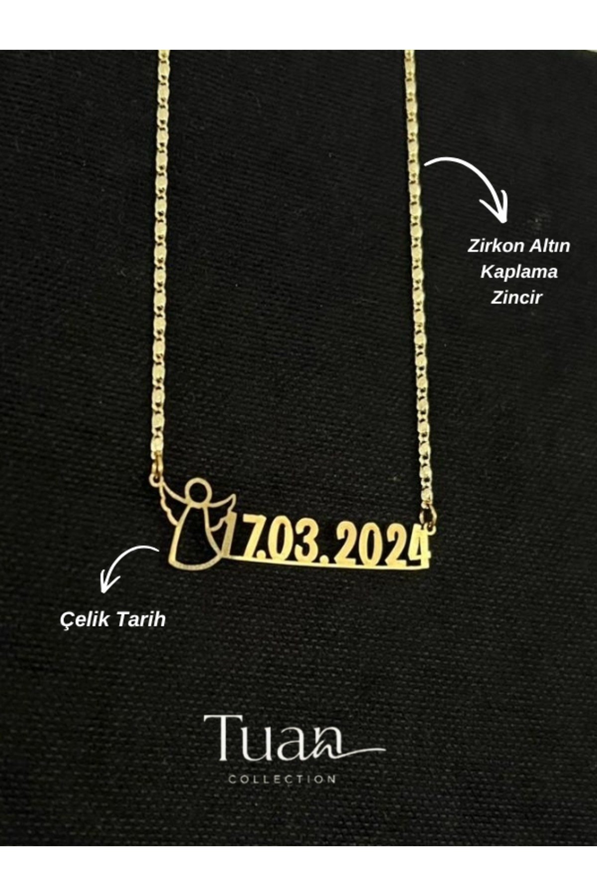 Melek Silüet Tarih Yazılı Gold Kolye Hediye Çelik Zirkon Melek Kolye