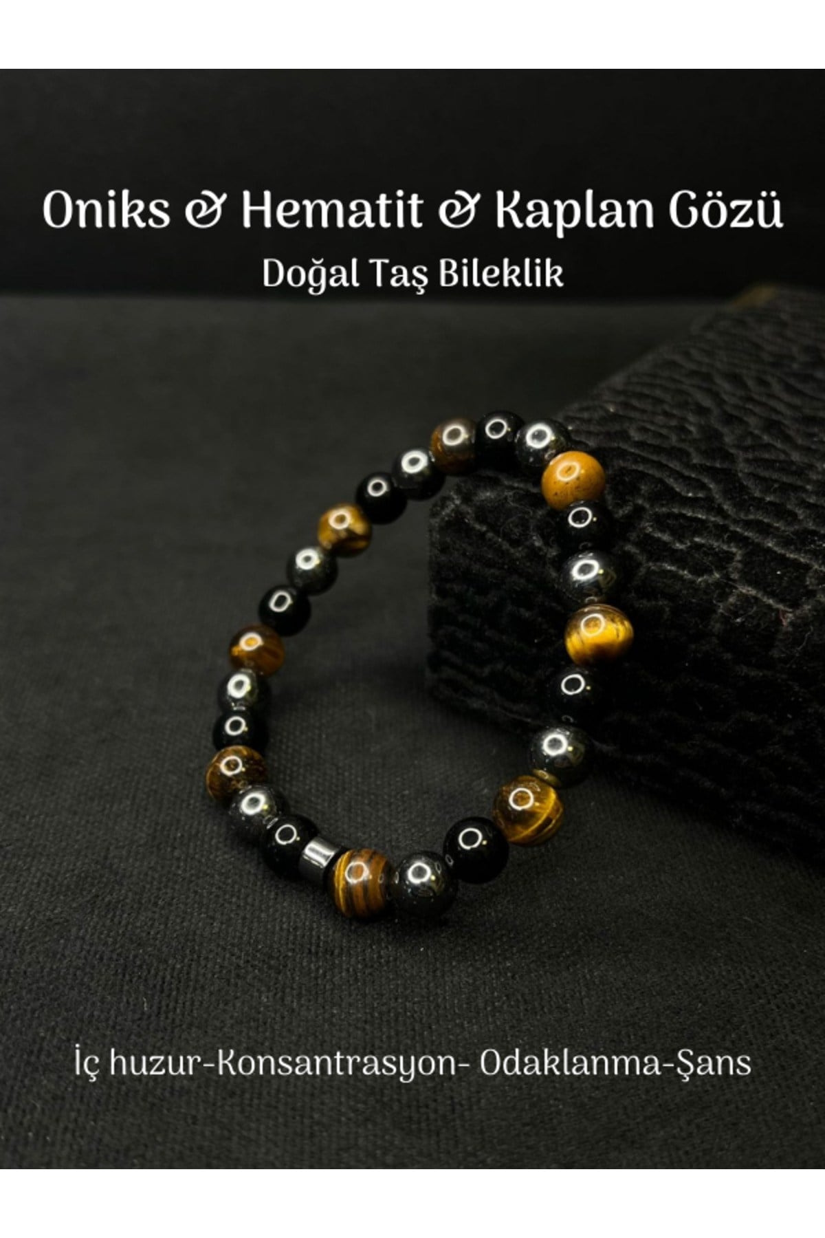 Oniks & Hematit & Kaplan Gözü Doğal Taş Bileklik İç huzur,Konsantrasyon,Odaklanma,Şans