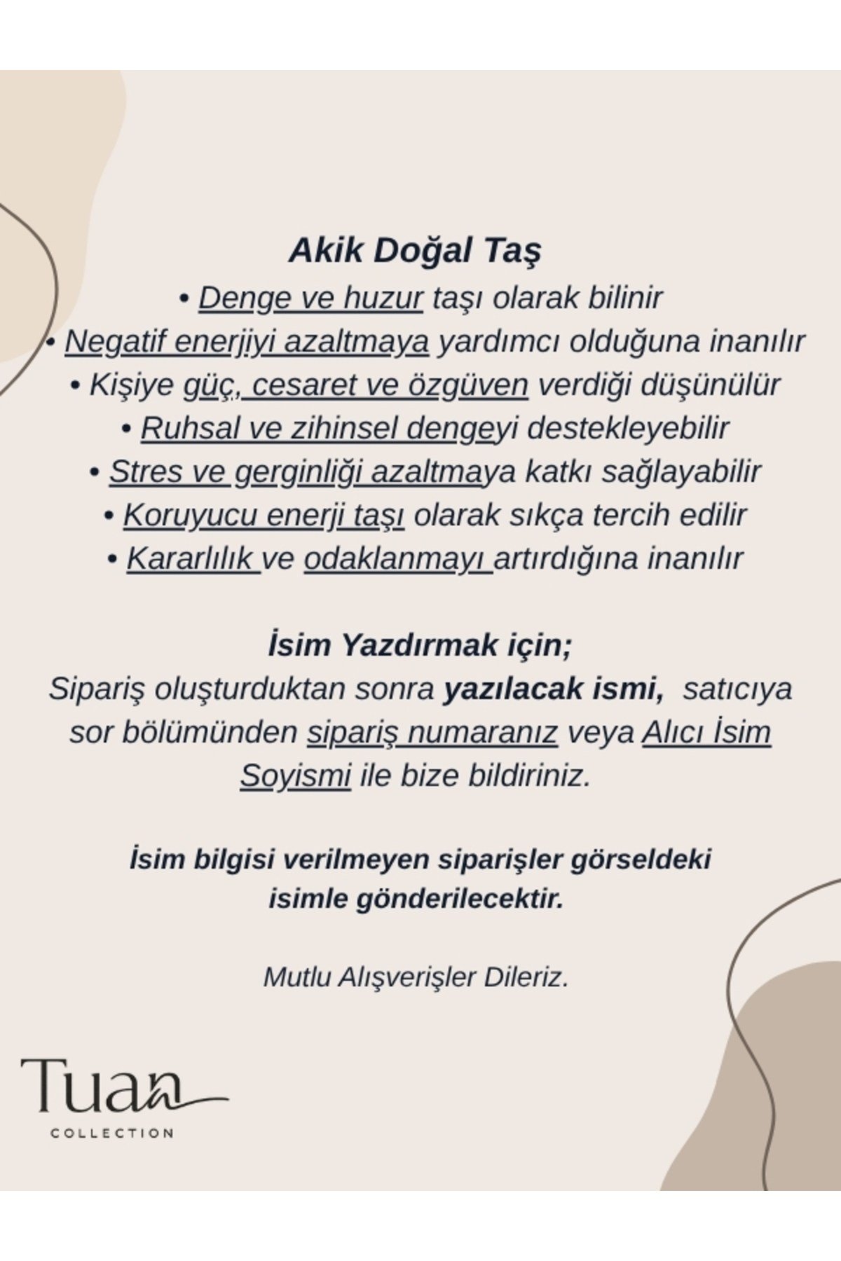 Özel Tasarım Akik Doğal Taş Çelik İsim Kolye Denge, Huzur, Pozitif Koruma
