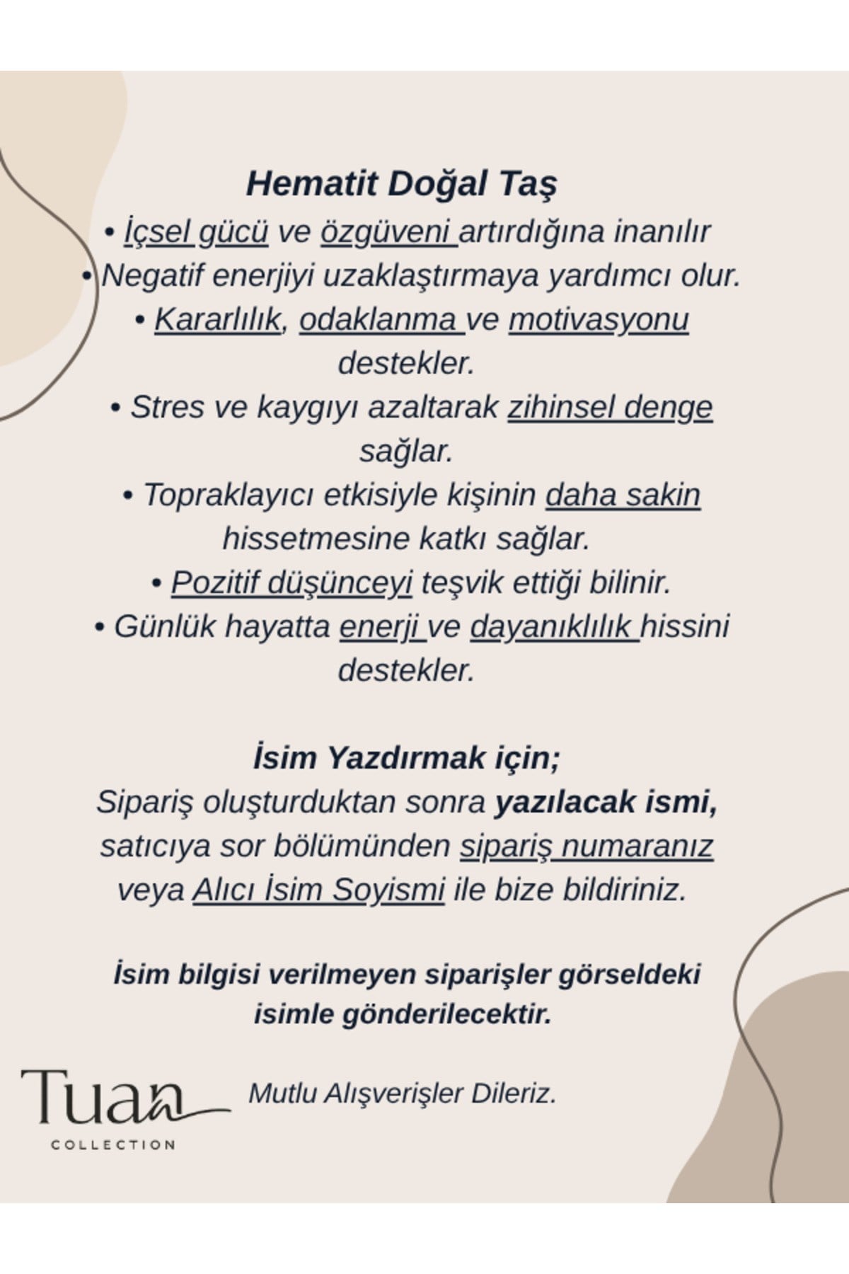 Özel Tasarım Hematit Doğal Taş Çelik İsim Kolye Kararlılık, Özgüven, Pozitif Enerji