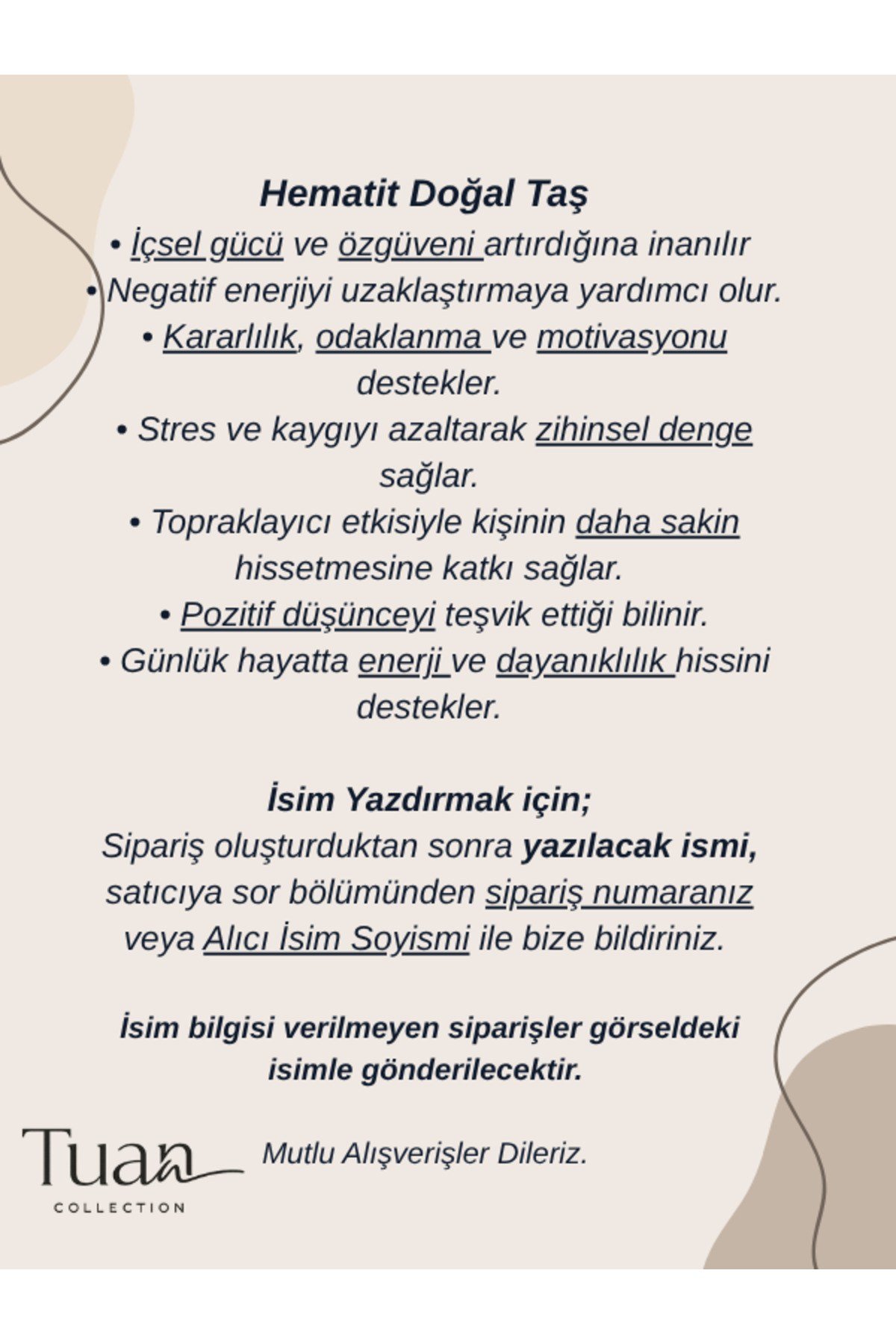 Özel Tasarım Hematit Doğal Taş Çelik İsim Kolye Kararlılık, Özgüven, Pozitif Enerji