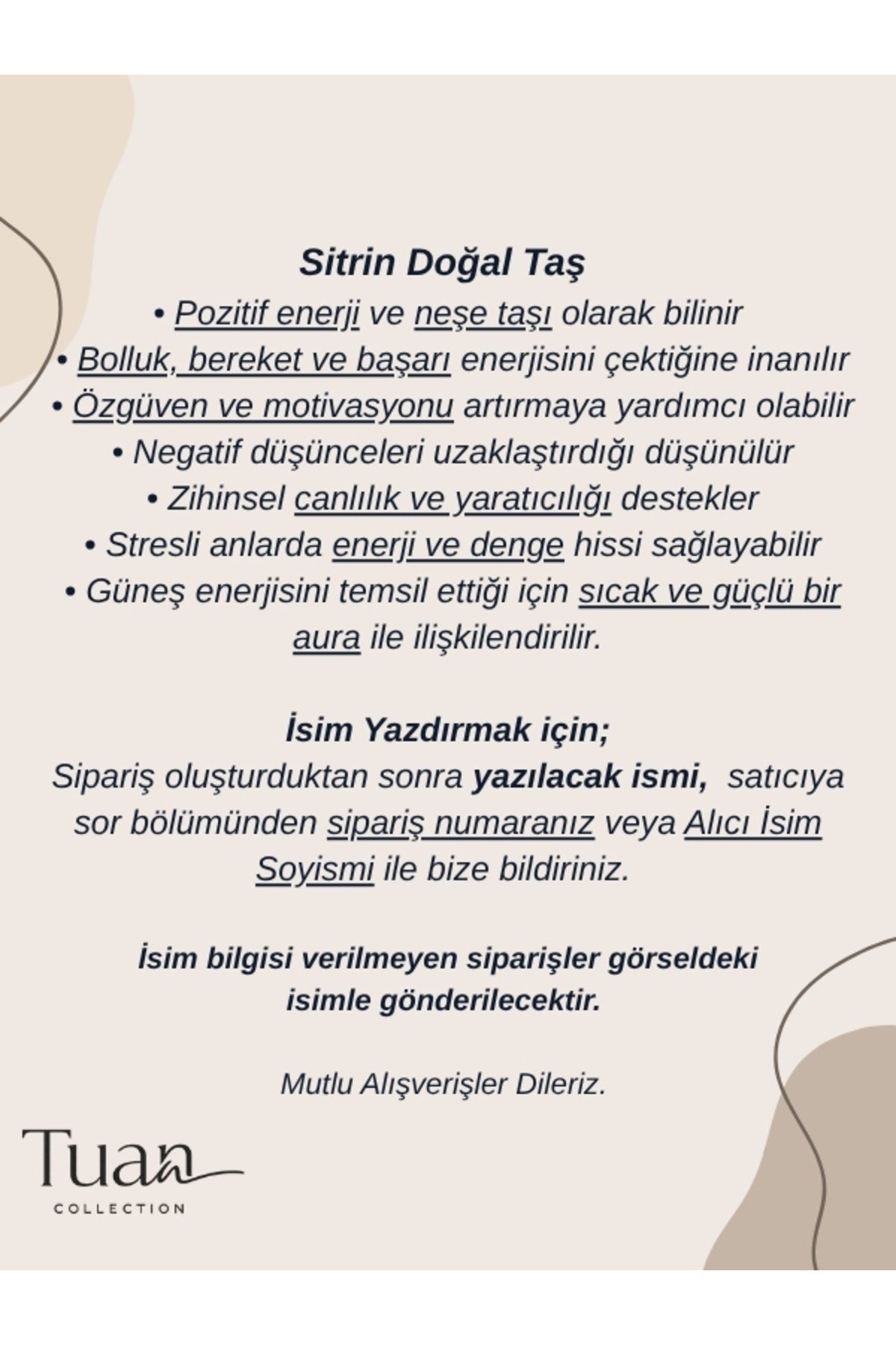 Özel Tasarım Sitrin Doğal Taş Çelik İsim Kolye Bolluk, Bereket, Motivasyon