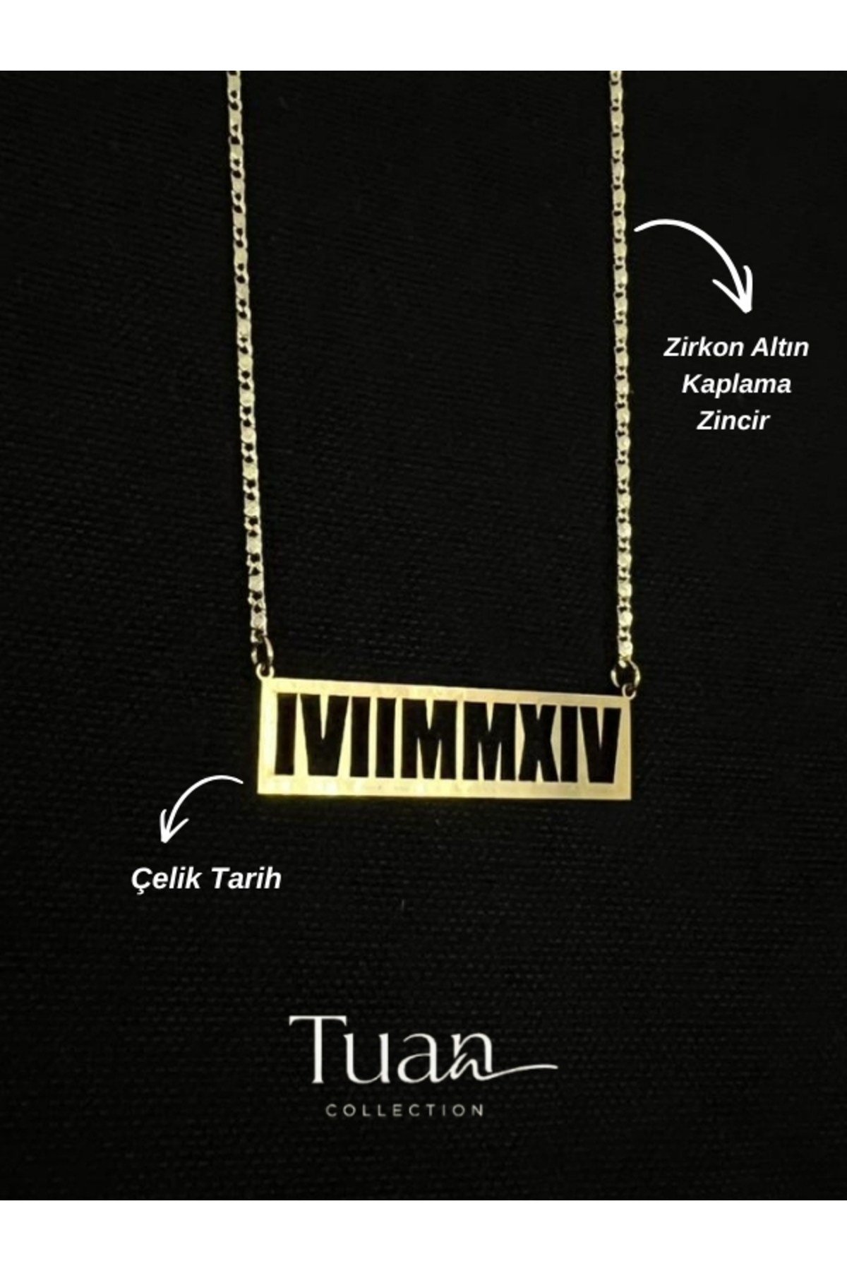 Roma Rakamı Tarih Yazılı Gold Çelik Tarih Zirkon Altın Kaplama Zincir Kişiselleştirilebilir Kolye