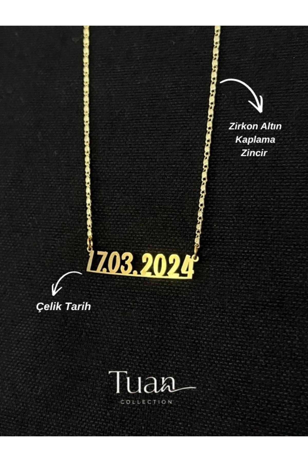 Tarih Yazılı Gold Çelik Tarih Zirkon Altın Kaplama Zincir Kişiselleştirilebilir Kolye