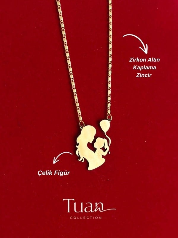 Tuan Collection Anne Çocuk Kolye Gold Çelik Zirkon Altın Kaplama Kolye