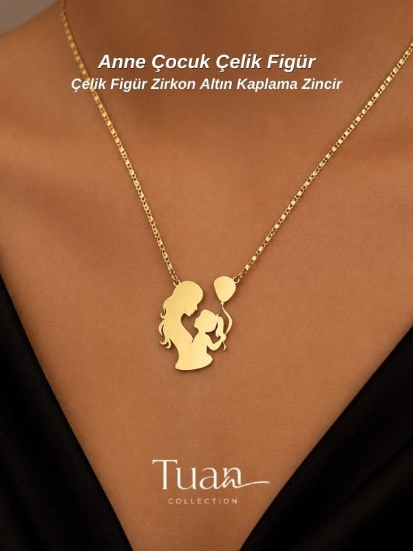 Tuan Collection Anne Çocuk Kolye Gold Çelik Zirkon Altın Kaplama Kolye