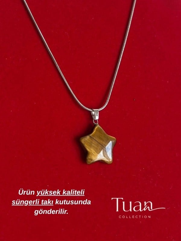 Tuan Collection Kaplangözü Doğal Taş Kolye Çelik Materyal Yıldız Figür Kaplangözü Tamburlanmış