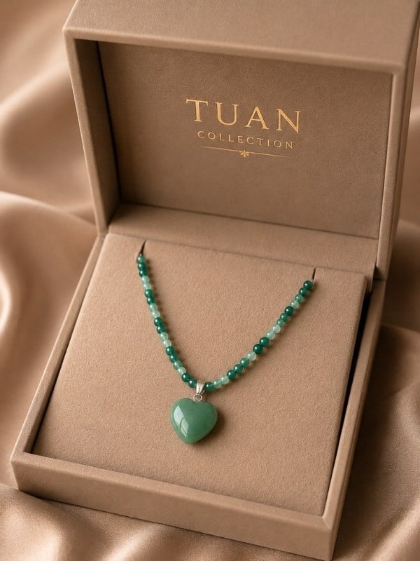 Tuan Collection Özel Tasarım Akik Doğal Taş Kolye Kalp Figür 4 mm Denge, Huzur, Pozitif Koruma
