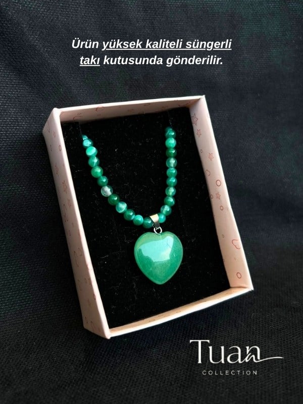 Tuan Collection Özel Tasarım Akik Doğal Taş Kolye Kalp Figür 4 mm Denge, Huzur, Pozitif Koruma