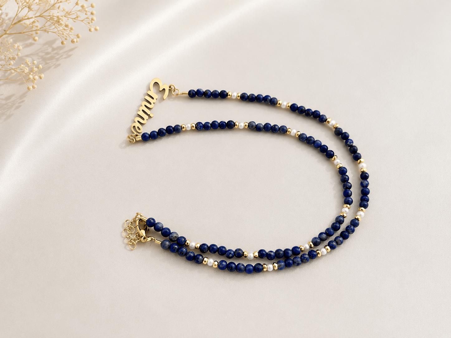 Tuan Collection Özel Tasarım Lapis Lazuli Doğal Taş Çelik İsim Kolye Şans, Bereket ve Pozitif Enerji