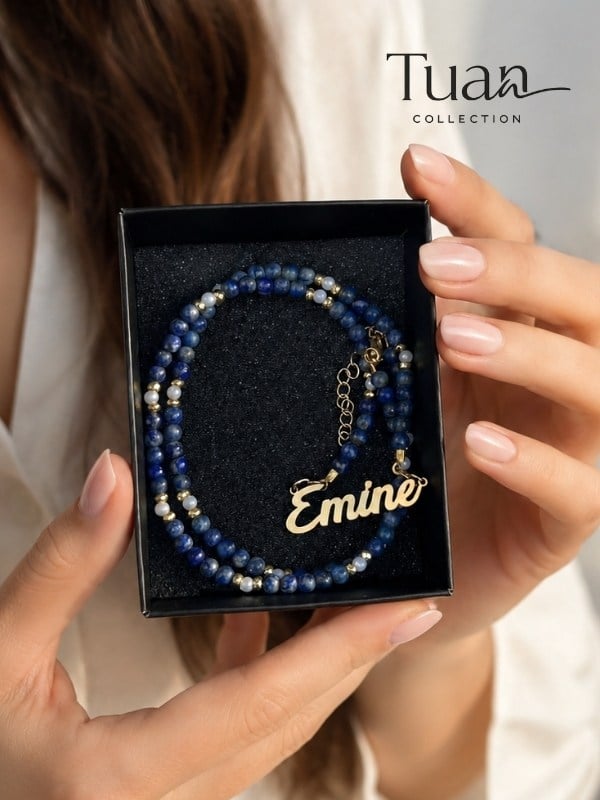 Tuan Collection Özel Tasarım Lapis Lazuli Doğal Taş Çelik İsim Kolye Şans, Bereket ve Pozitif Enerji