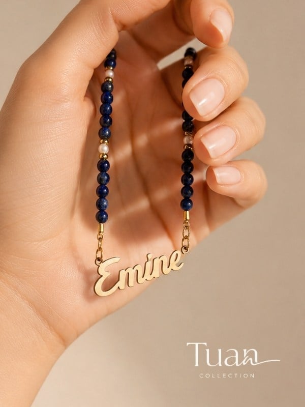 Tuan Collection Özel Tasarım Lapis Lazuli Doğal Taş Çelik İsim Kolye Şans, Bereket ve Pozitif Enerji