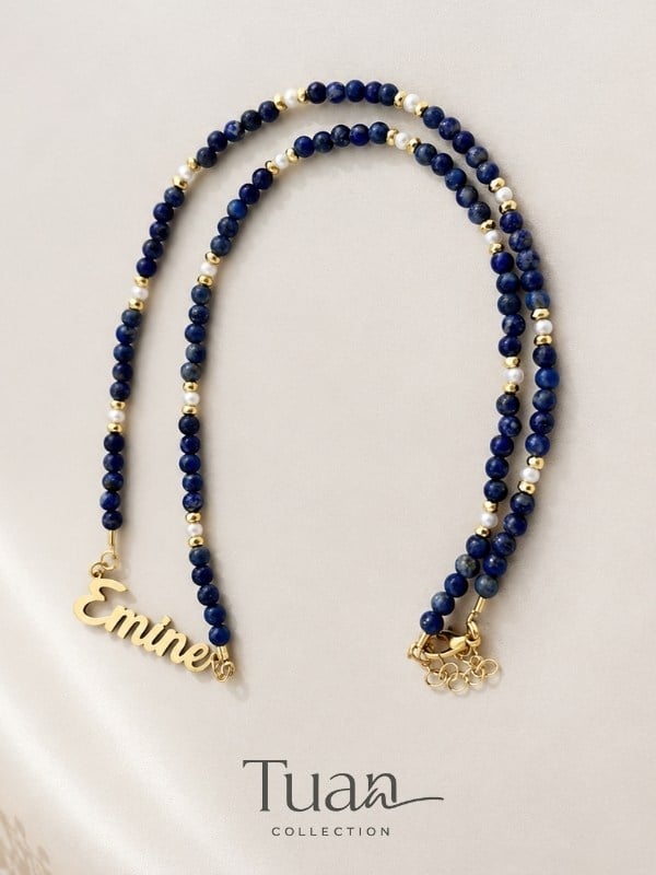 Tuan Collection Özel Tasarım Lapis Lazuli Doğal Taş Çelik İsim Kolye Şans, Bereket ve Pozitif Enerji