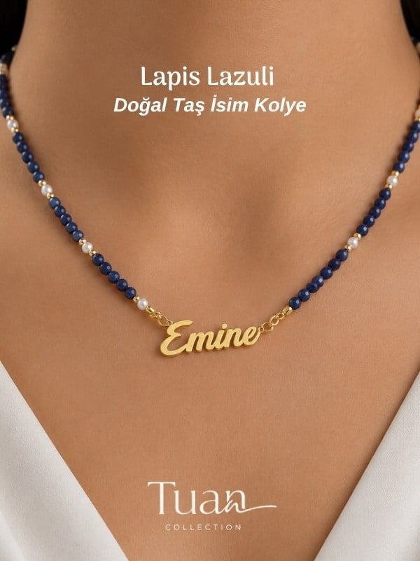 Tuan Collection Özel Tasarım Lapis Lazuli Doğal Taş Çelik İsim Kolye Şans, Bereket ve Pozitif Enerji