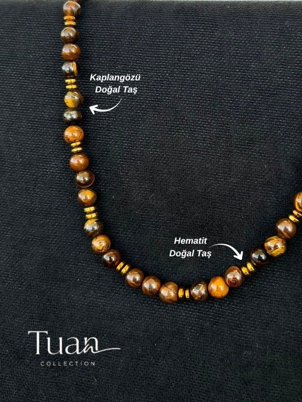 Tuan Collection Unisex Kaplan Gözü Hematit Doğal Taş Kolye Günlük Kullanım topraklanma güç ve enerji