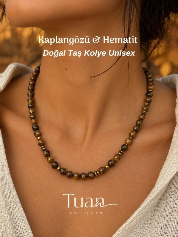 Tuan Collection Unisex Kaplan Gözü Hematit Doğal Taş Kolye Günlük Kullanım topraklanma güç ve enerji