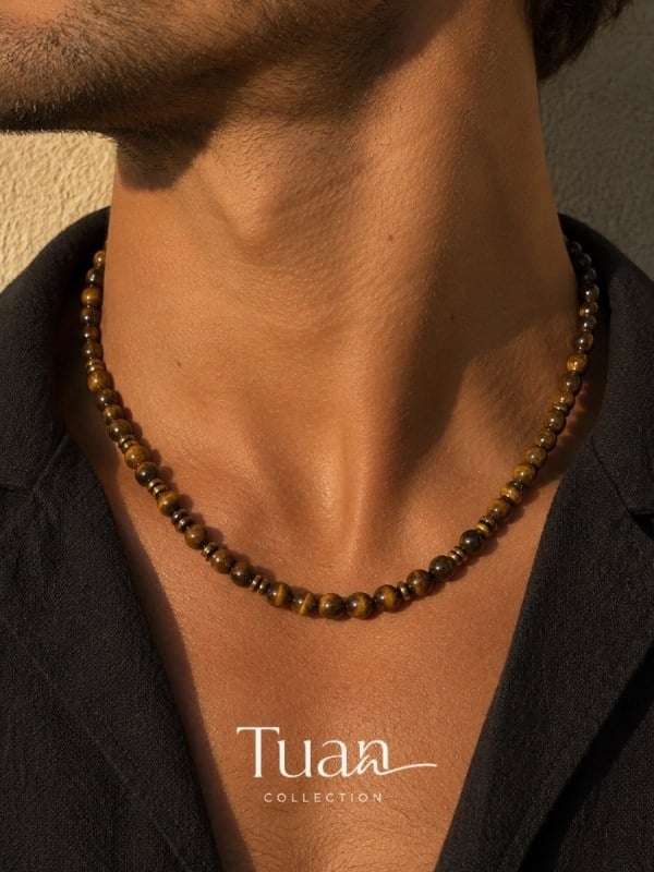 Tuan Collection Unisex Kaplan Gözü Hematit Doğal Taş Kolye Günlük Kullanım topraklanma güç ve enerji