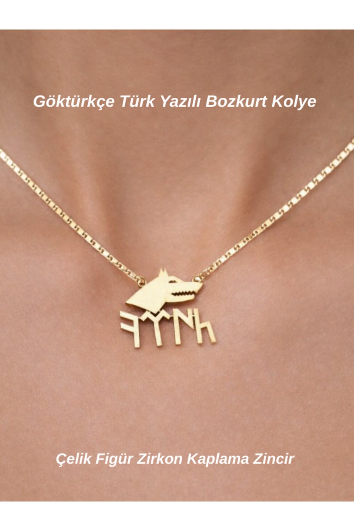 Türk Yazılı Bozkurt Simgeli Kolye Çelik Sembol Zirkon Kaplama Zincir Gold Kolye