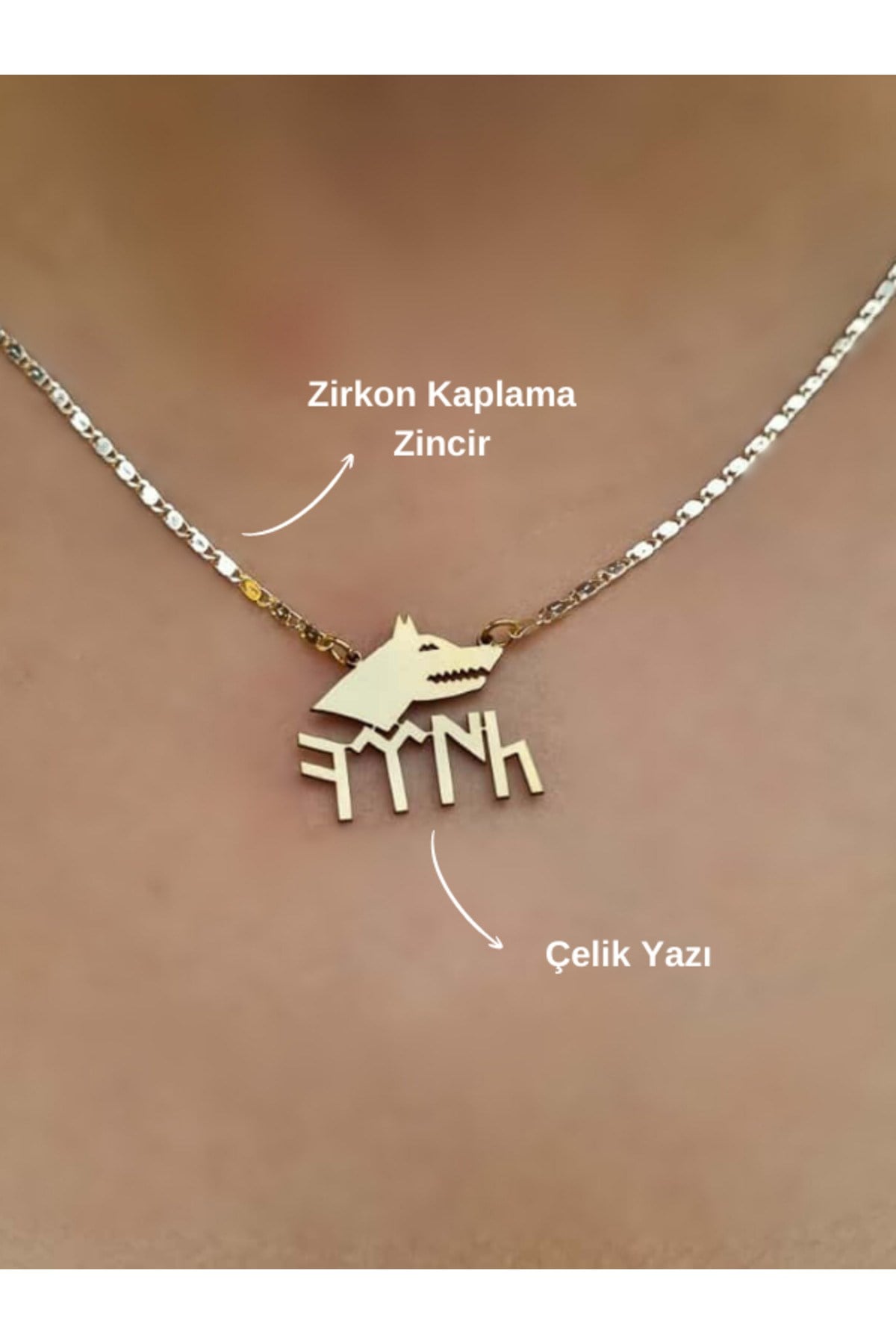 Türk Yazılı Bozkurt Simgeli Kolye Çelik Sembol Zirkon Kaplama Zincir Gold Kolye