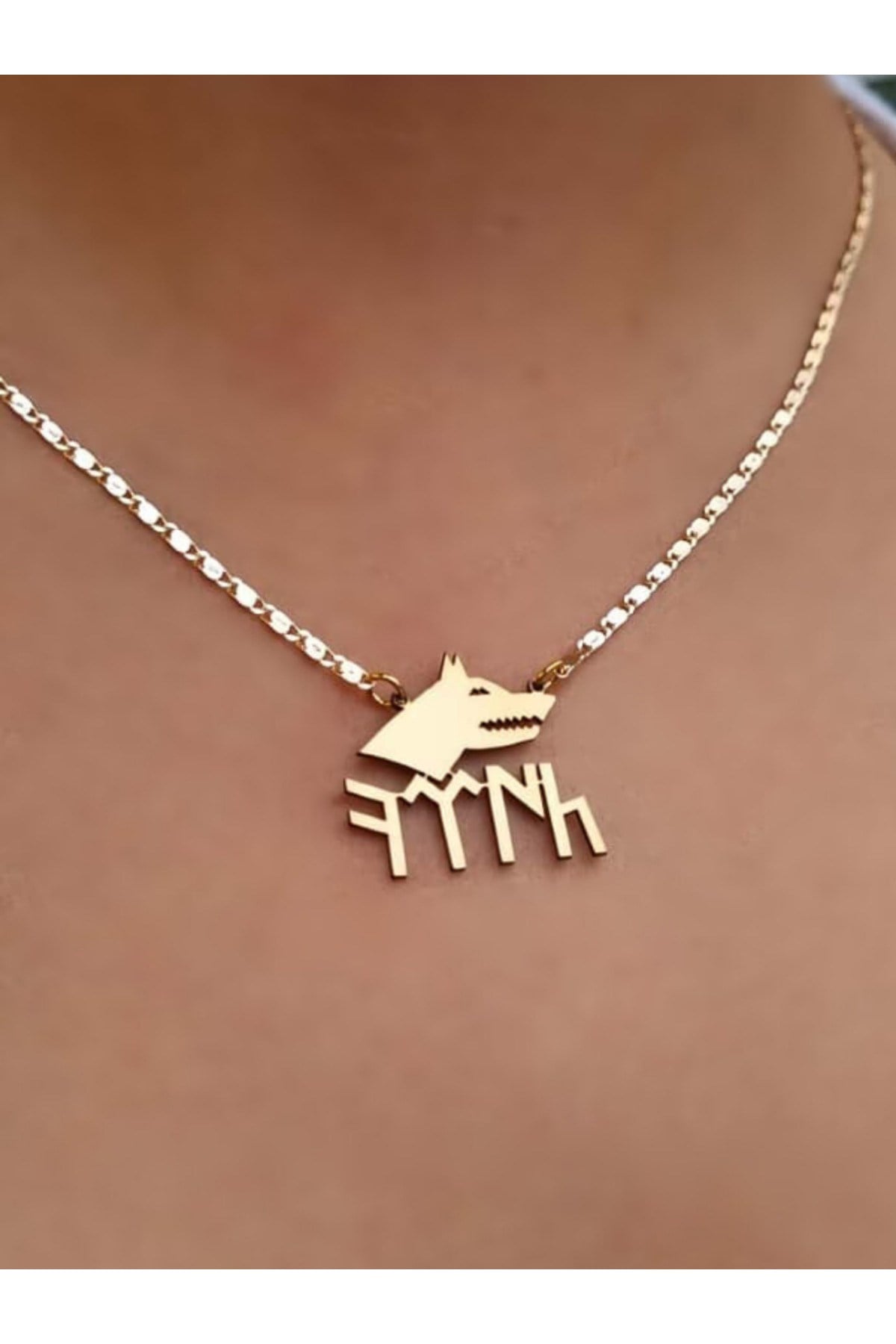 Türk Yazılı Bozkurt Simgeli Kolye Çelik Sembol Zirkon Kaplama Zincir Gold Kolye