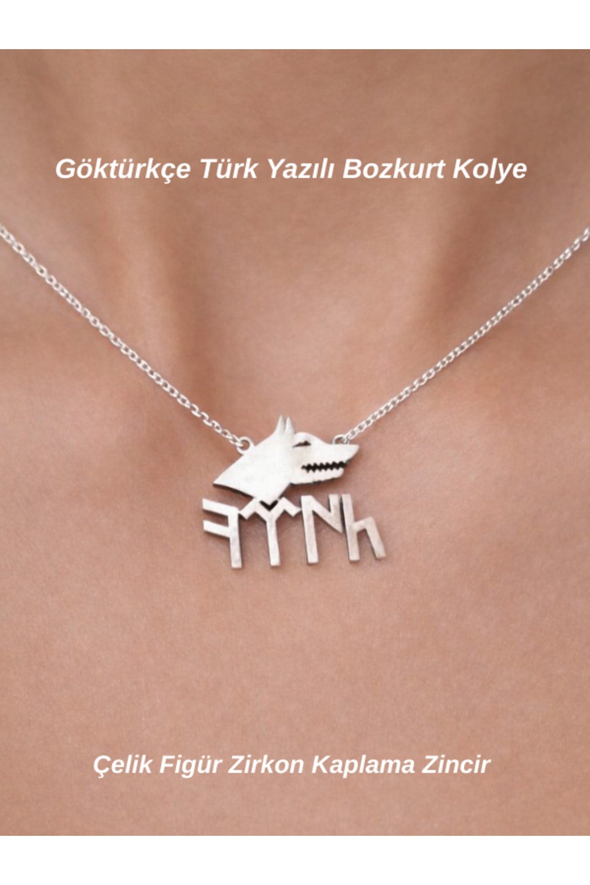 Türk Yazılı Bozkurt Simgeli Kolye Çelik Sembol Zirkon Kaplama Zincir Gümüş Renk Kolye