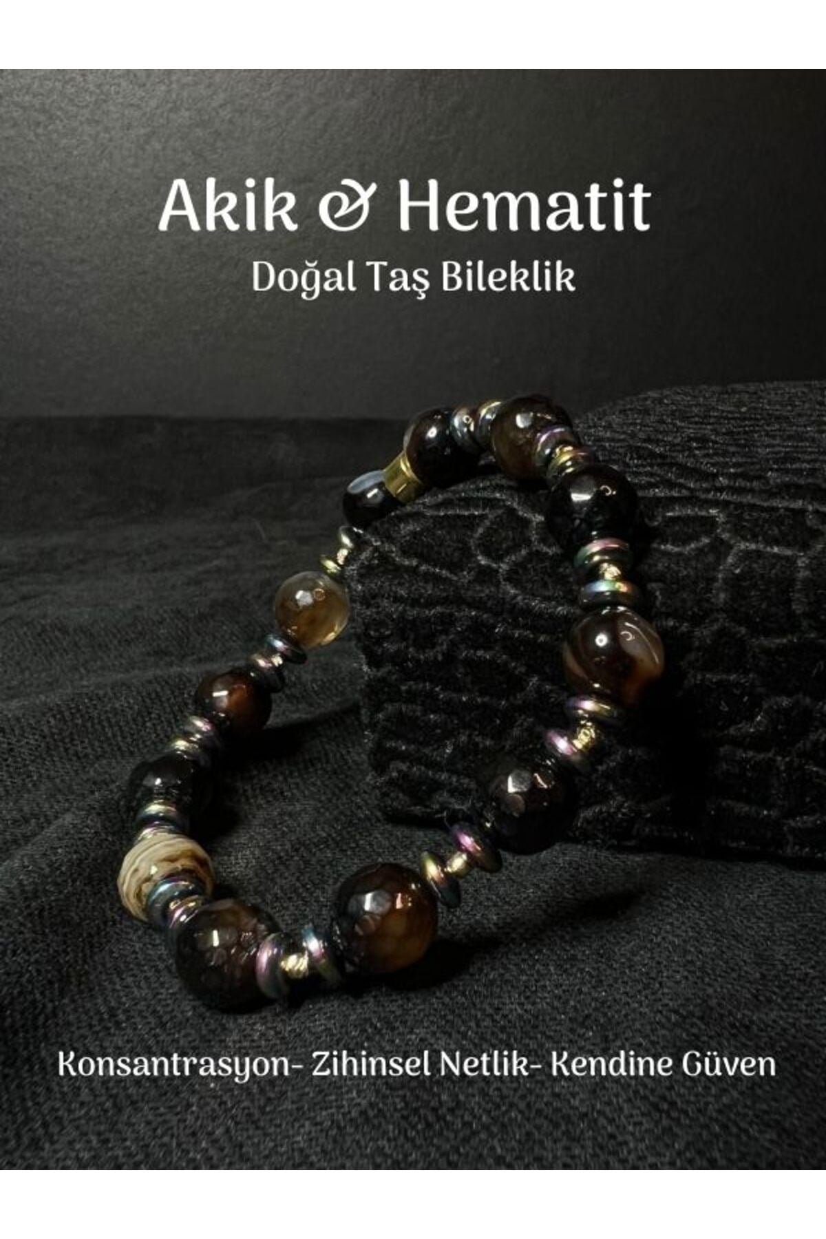 Yüksek Kalite Akik Ve Hematit Taşı Bileklik 10mm Zihinsel Netlik, Güçlü Enerji, Konsantrasyon
