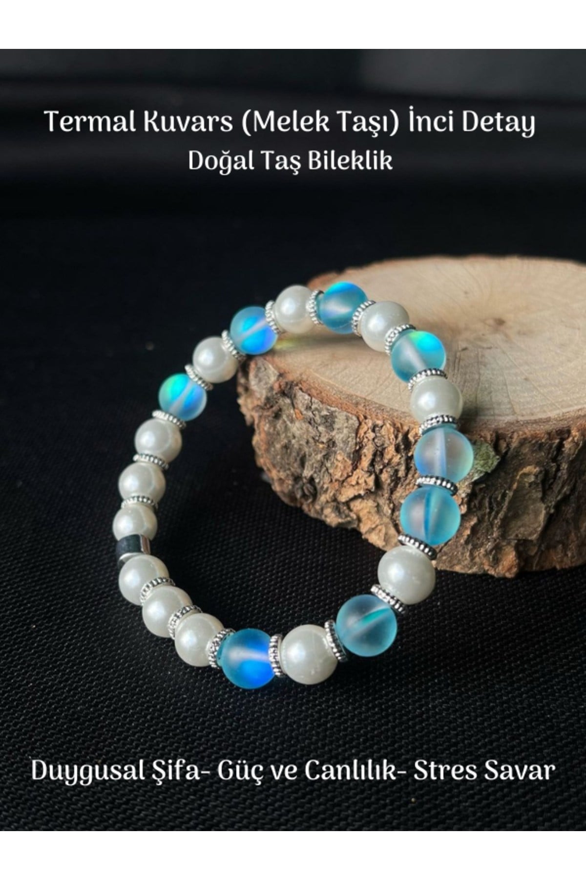 Yüksek Kalite Termal Kuvars (Melek Taşı) ve İnci Detay Doğal Taş Bileklik Enerji Dengeleme