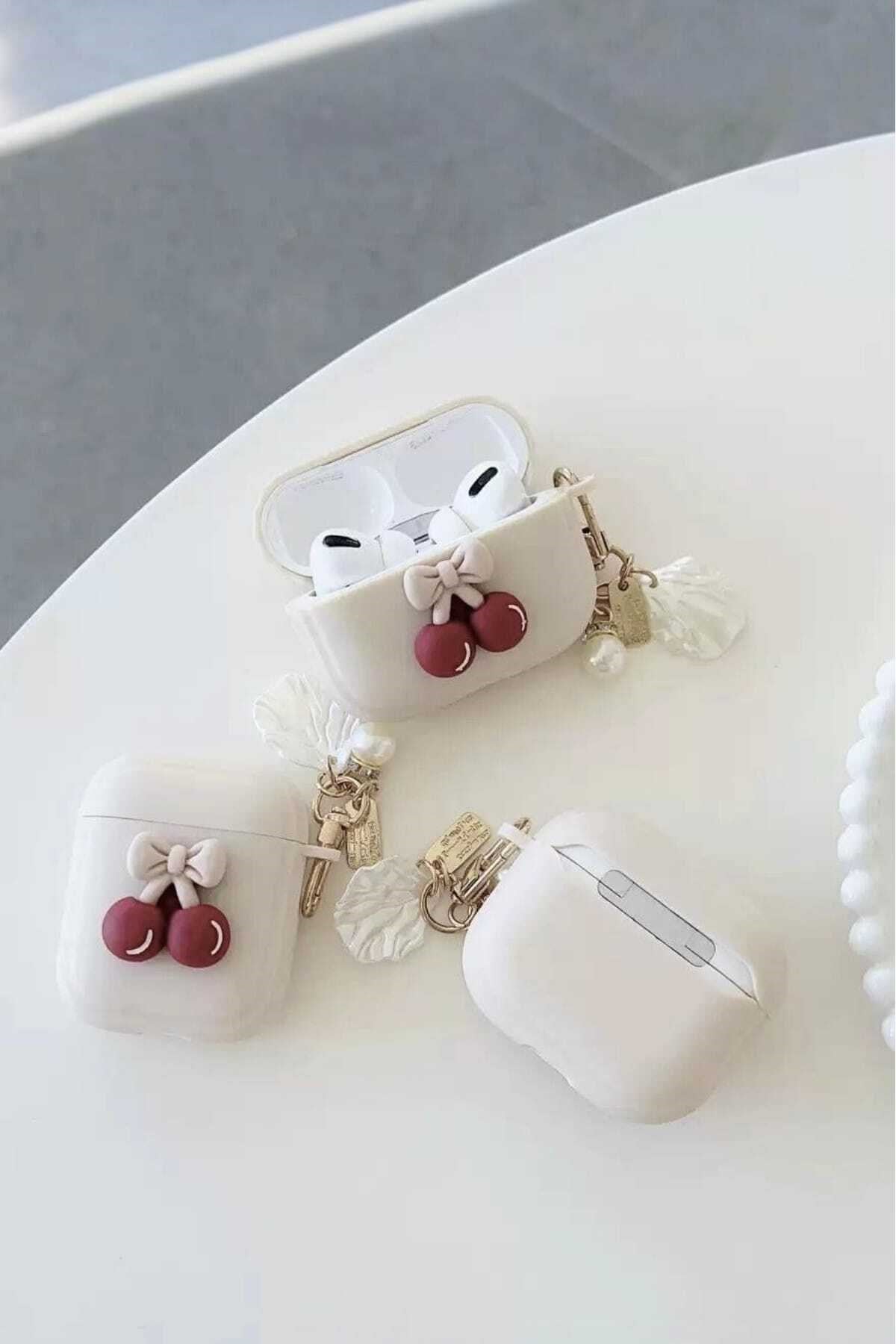 Airpods 4 Nesil ile Uyumlu Kiraz Aksesuarlı Pinterest Estetiği Kore Stil Şık Coquette Koruyucu Kılıf