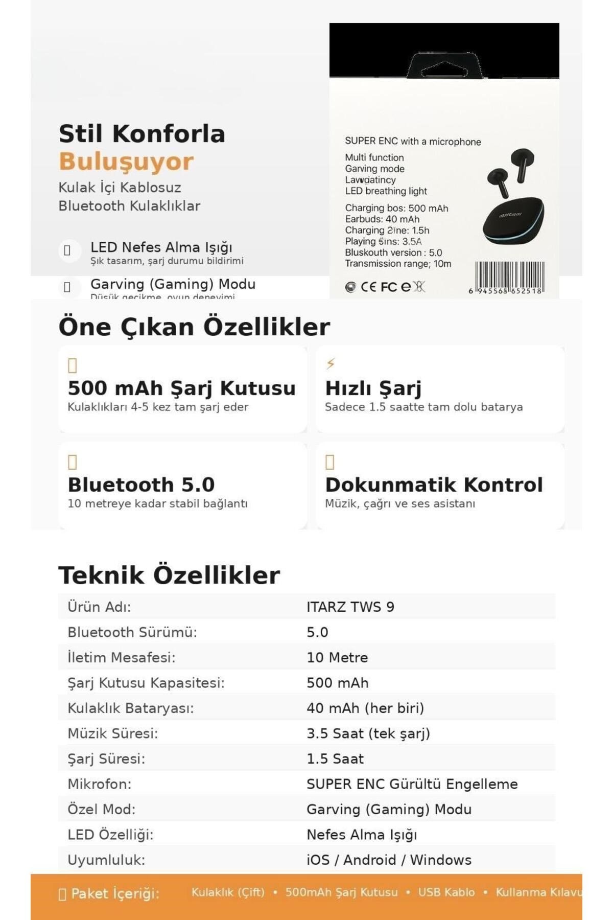 Bluetooth 5.0 Kulak İçi Kablosuz Kulaklık Mikrofonlu LED Işıklı Şarj Kutusu Siyah