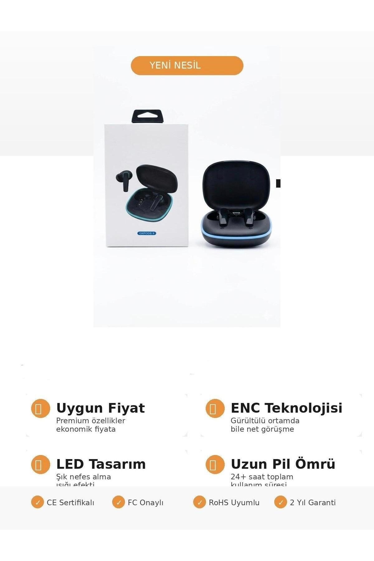 Bluetooth 5.0 Kulak İçi Kablosuz Kulaklık Mikrofonlu LED Işıklı Şarj Kutusu Siyah