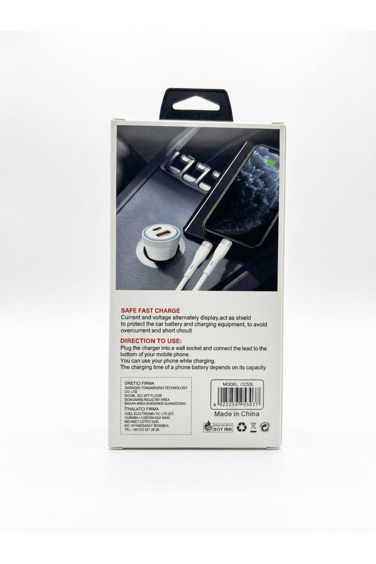 CC53L 53W Hızlı Araç Şarj Cihazı USB-C PD Lightning Kablo iPhone Uyumlu
