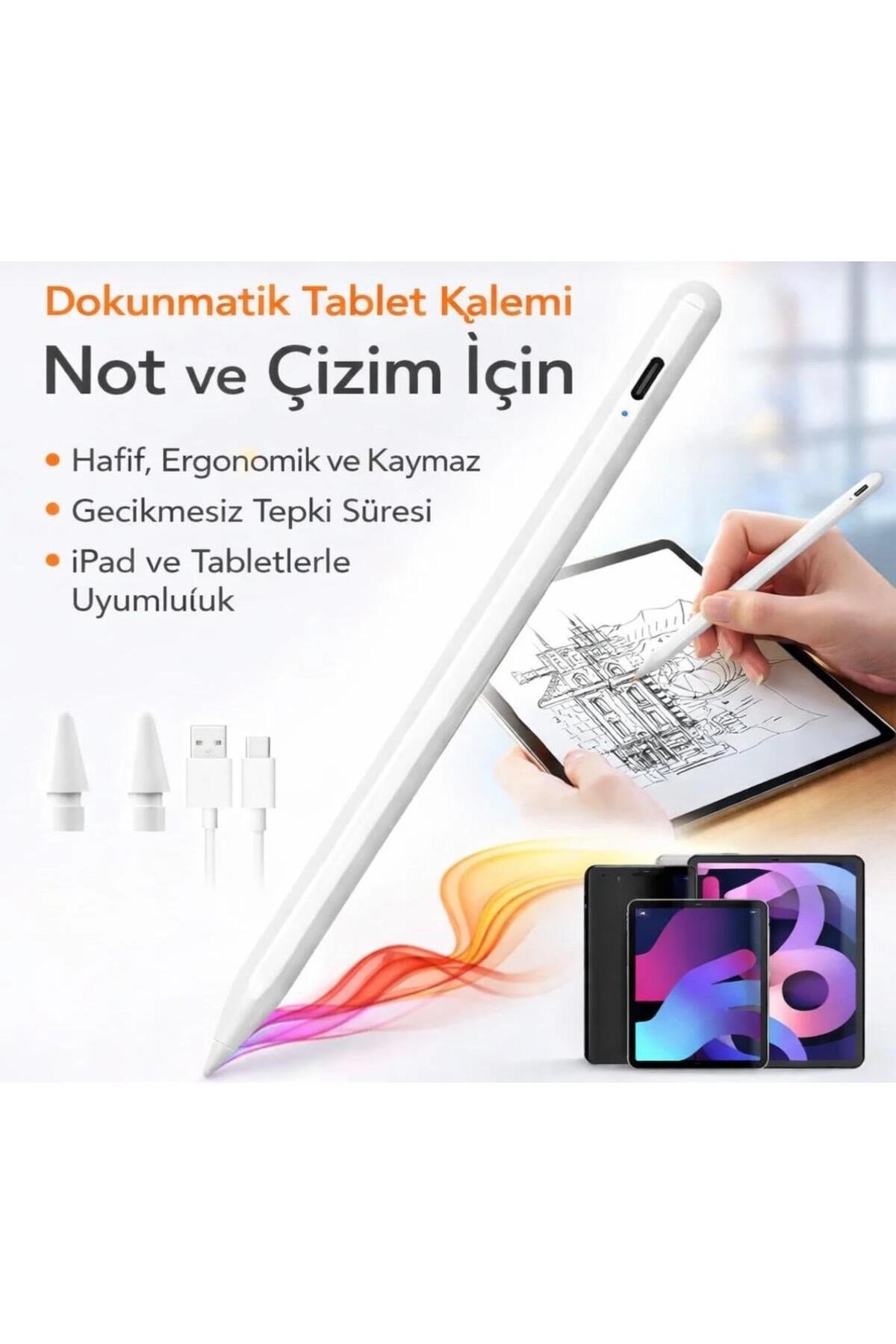 Dokunmatik Çizim Kalemi Pad iOS Android Windows Uyumlu Şarjlı Stylus Kalem 2 Yedek Uç Hediye