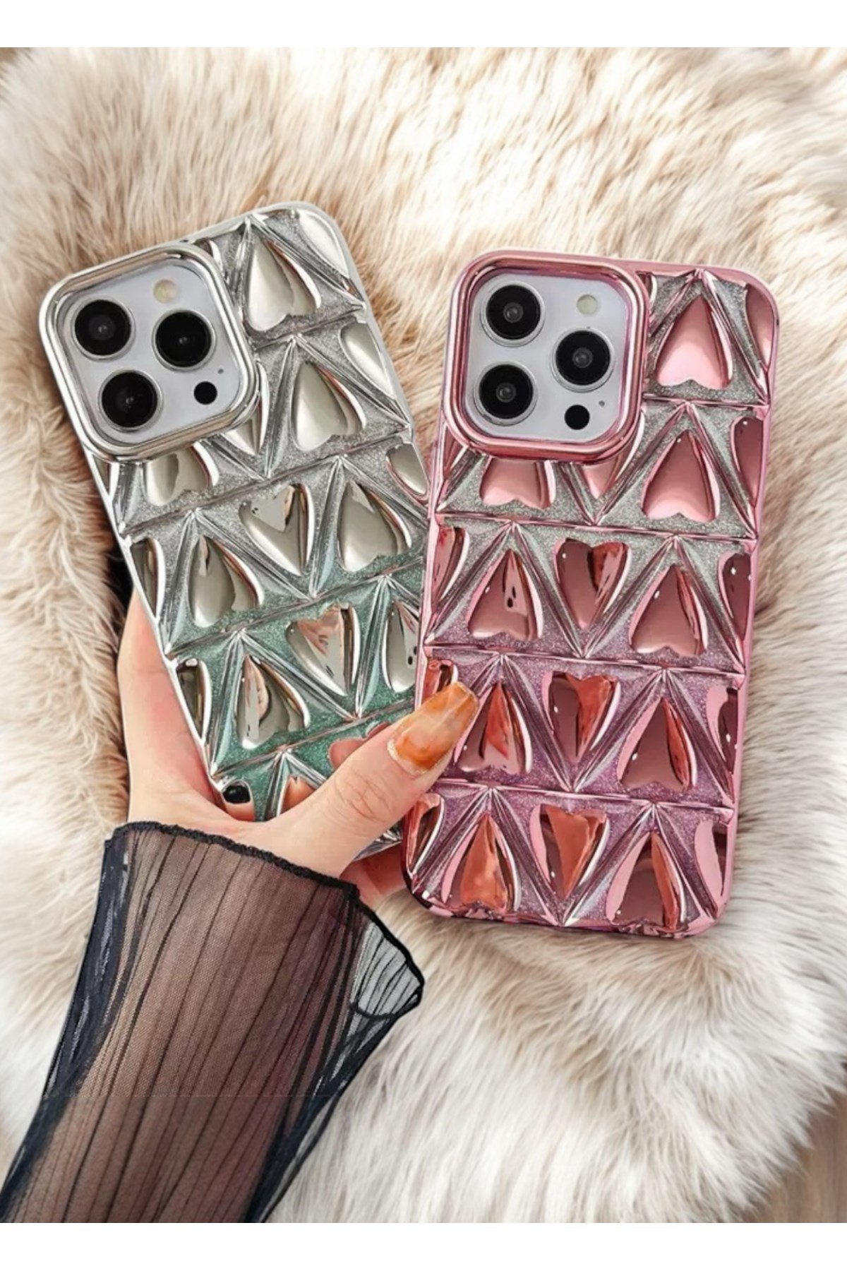 iPhone 11 3D Kalp Desenli Simli Silikon Gümüş Telefon Kılıfı Şık ve Koruyucu
