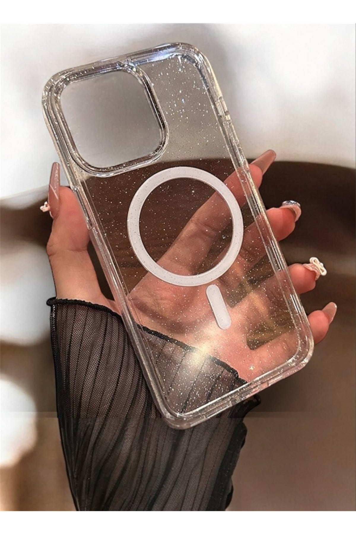 iPhone 12 Pro Uyumlu Simli Şeffaf MagSafeli Premium Mika Kılıf