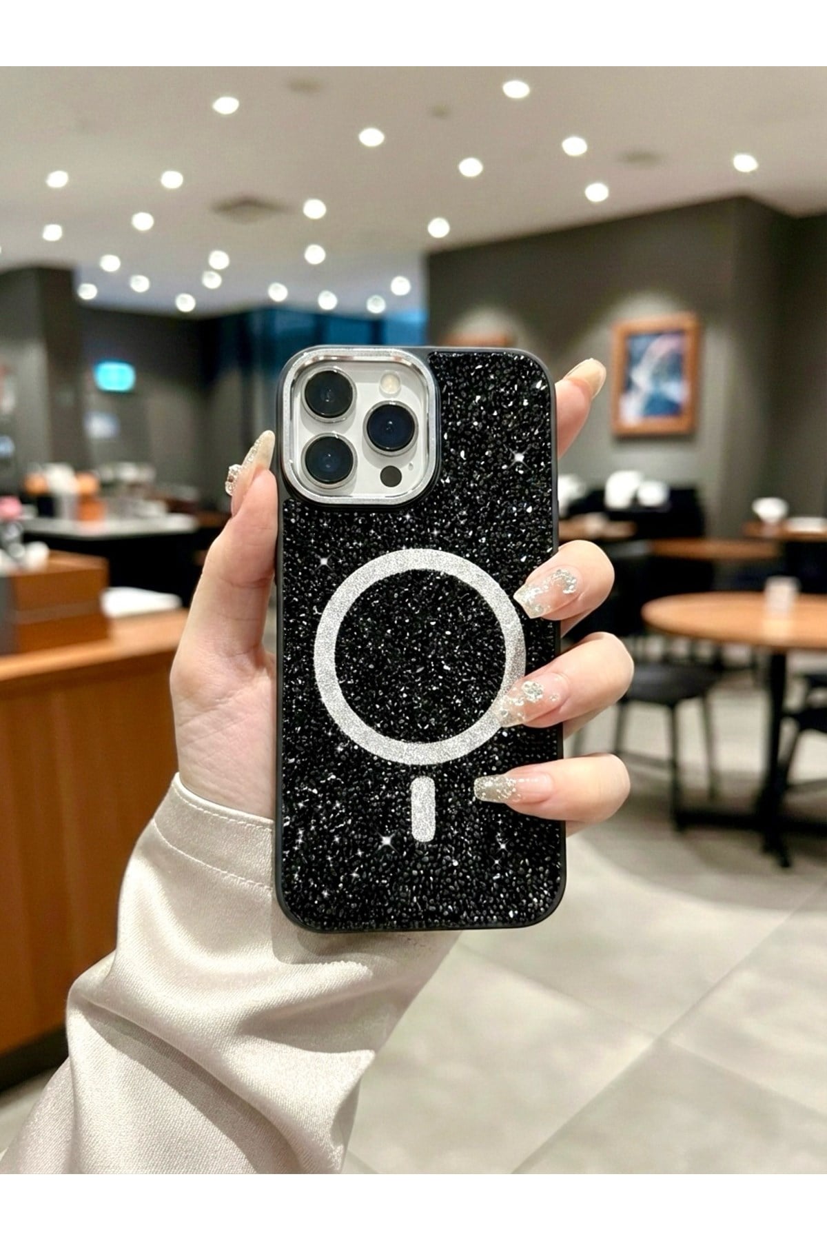 Iphone 12 ProMax Uyumlu Siyah Lüks MagSafeli Premium Kristal Taşlı Işıltılı Kılıf