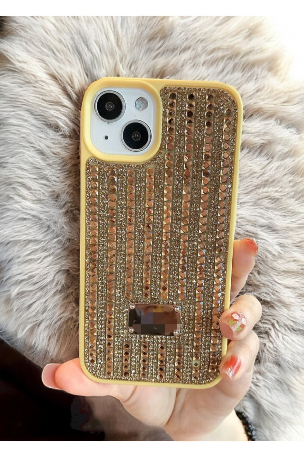iPhone 12 Uyumlu Sarı Taşlı Parlak Şık iPhone Kılıfı