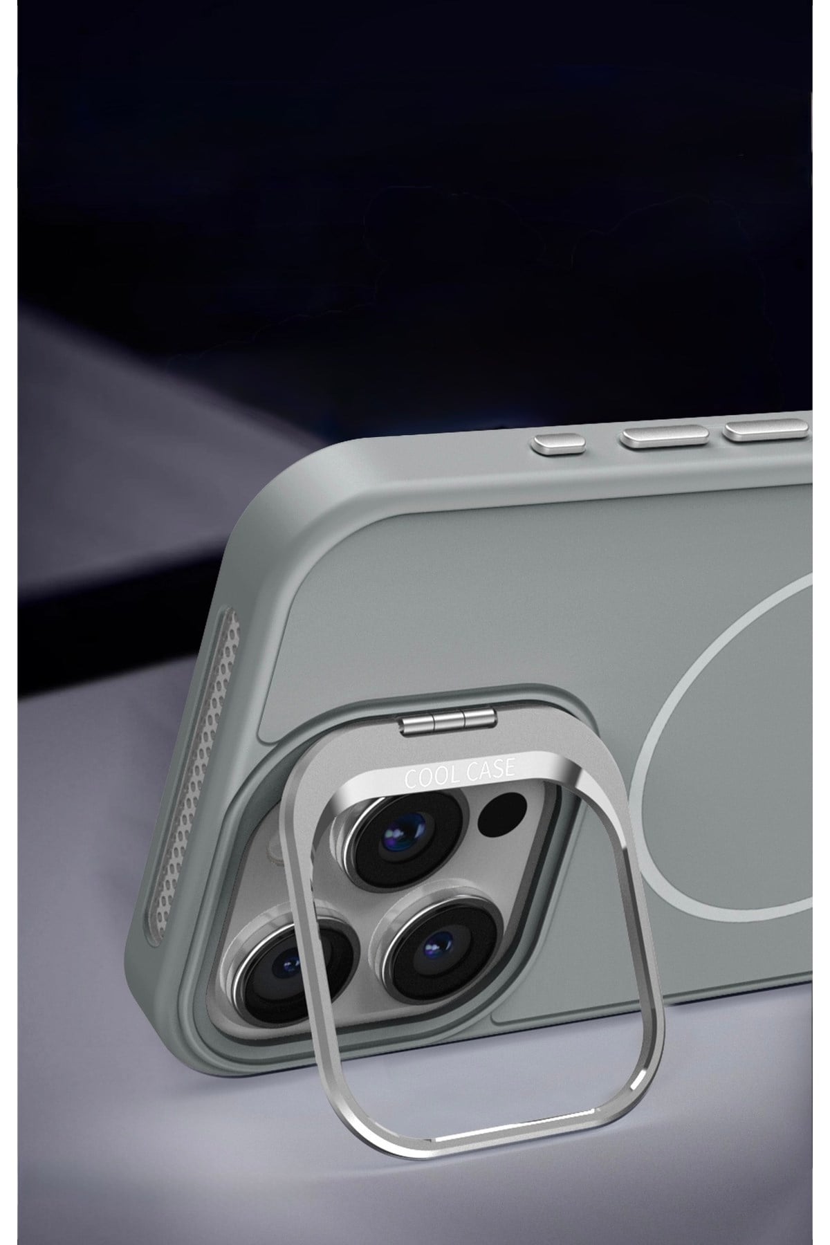 Iphone 13 Pro Uyumlu MagSafeli Kamera Korumalı Standlı Gri Kılıf, Mat Soft Dokulu Premium Seri