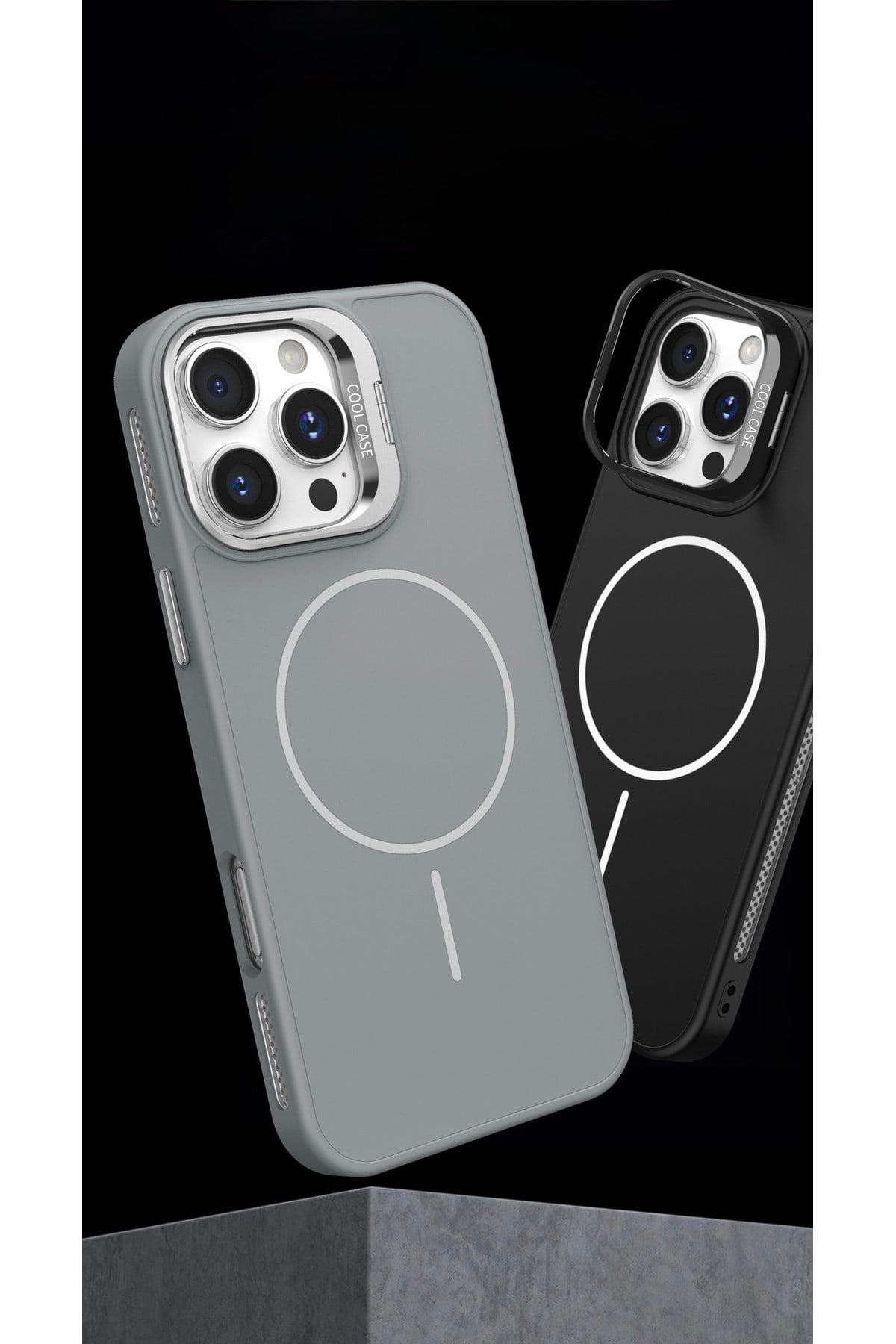 Iphone 13 Pro Uyumlu MagSafeli Kamera Korumalı Standlı Gri Kılıf, Mat Soft Dokulu Premium Seri