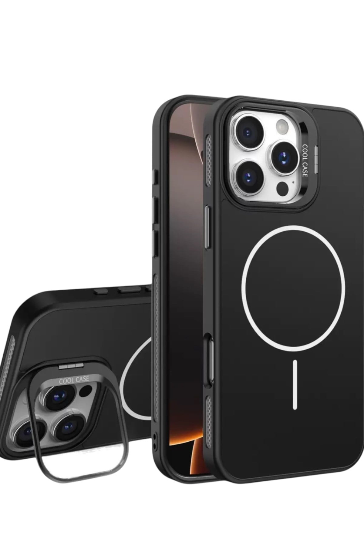 Iphone 13 Pro Uyumlu MagSafeli Siyah Kamera Korumalı Standlı Kılıf, Mat Soft Dokulu Premium Seri