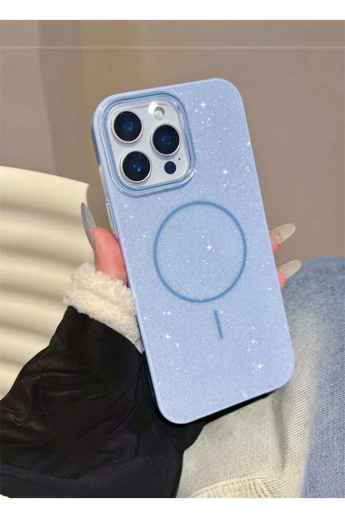 Iphone 13 Uyumlu Mavi Renk Simli Şeffaf MagSafe Uyumlu Kılıf