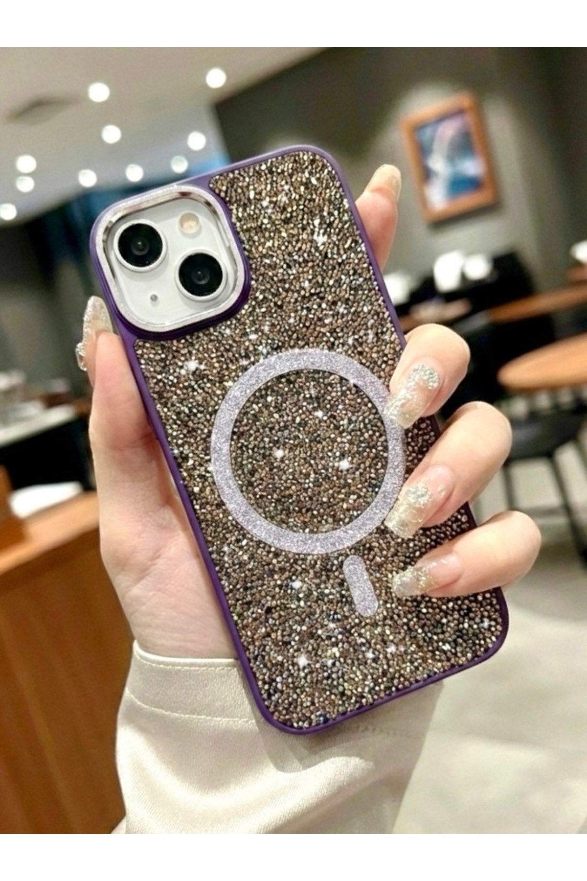 Iphone 13 Uyumlu Mor Lüks MagSafeli Premium Kristal Taşlı Işıltılı Kılıf